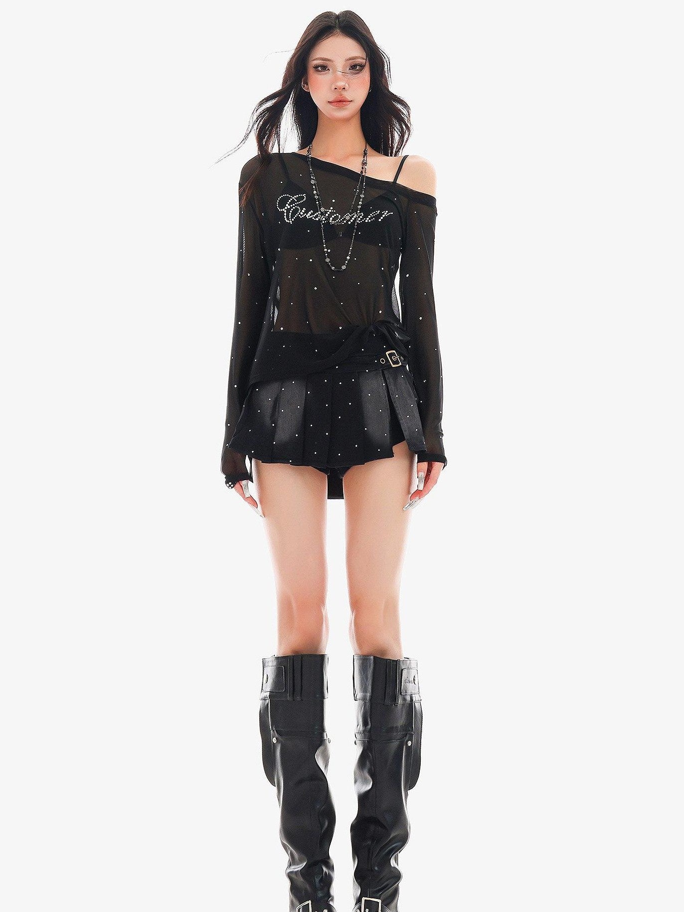 QIUQIU STUDIO Vintage Washed Faded Rhinestone A Line Women&