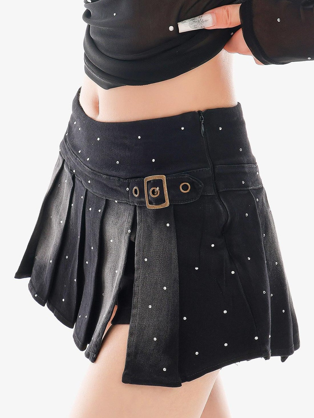 QIUQIU STUDIO Vintage Washed Faded Rhinestone A Line Women&