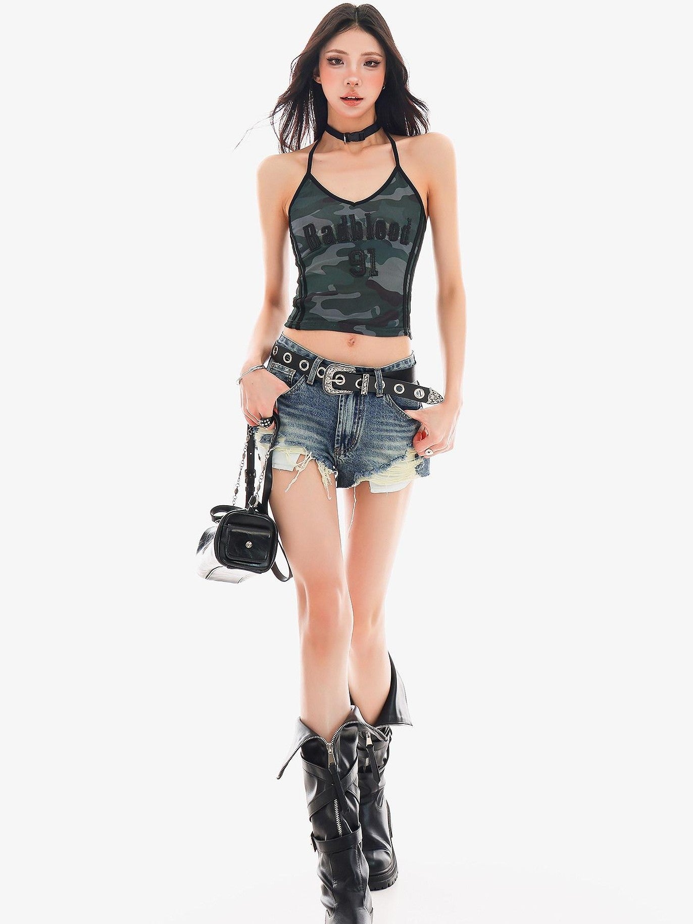 QIUQIU STUDIO Vintage Washed Ripped Fringed Women&