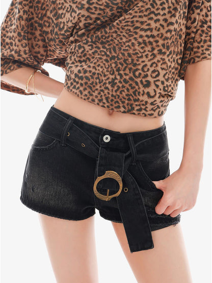 QIUQIU STUDIO Washed Distressed Belted Frayed Hem Ripped Skinny Women&