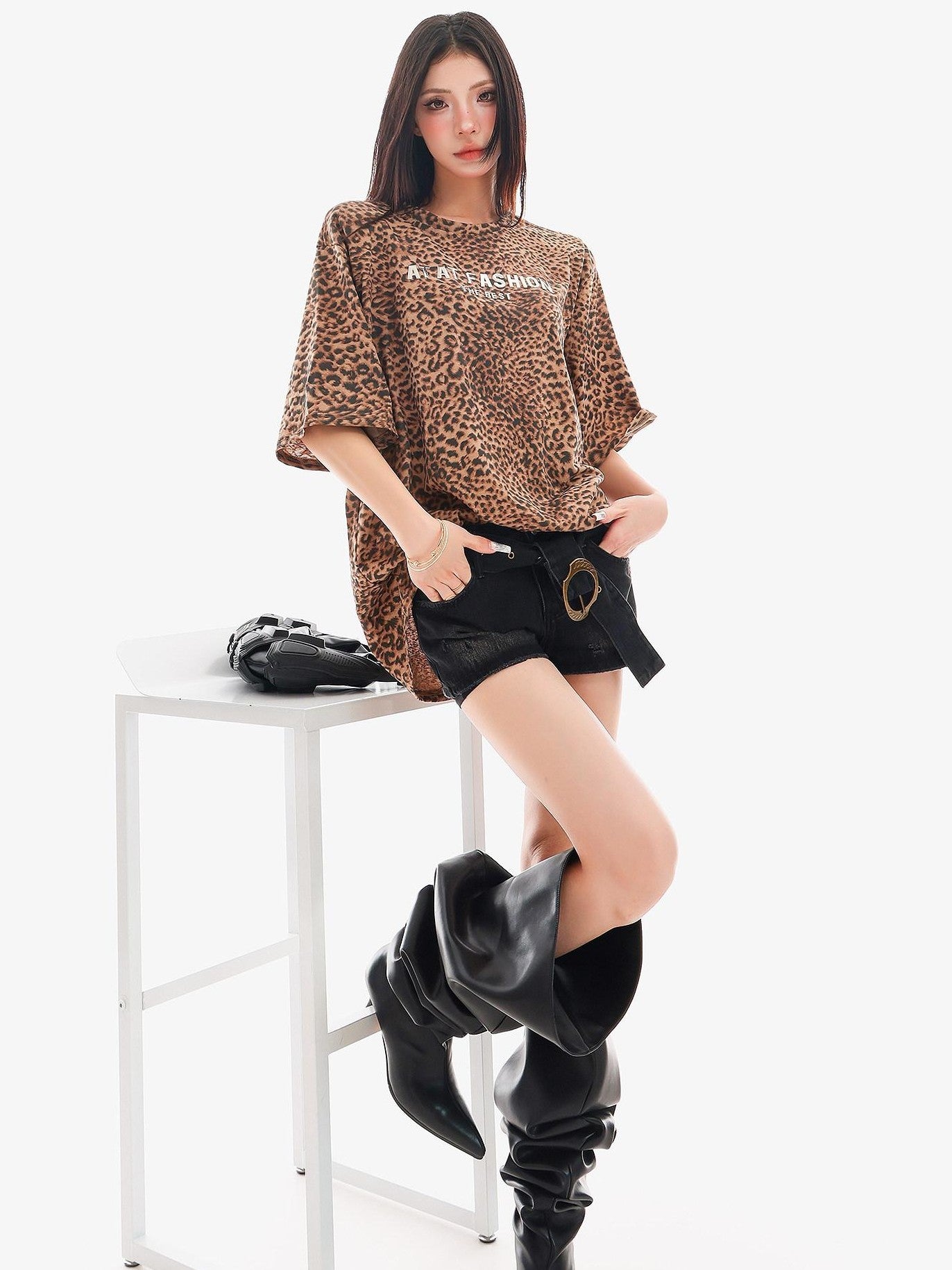 QIUQIU STUDIO Washed Distressed Belted Frayed Hem Ripped Skinny Women&