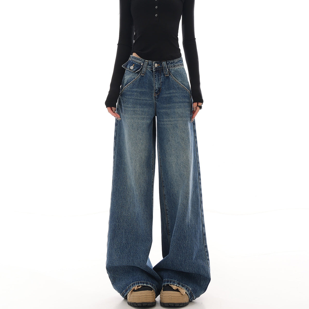 QIUQIU_STUDIO_Washed_Distressed_Dark_Casual_Pocket_Women&