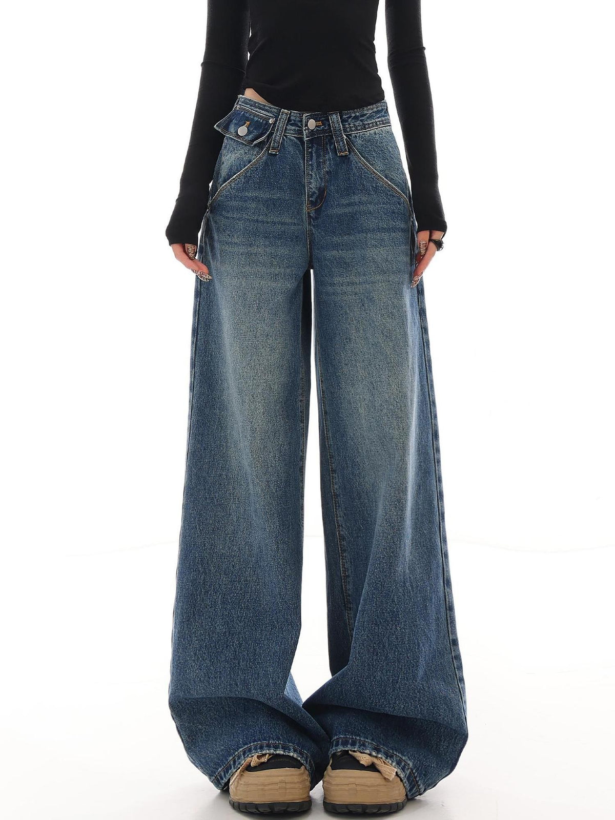 QIUQIU STUDIO Washed Distressed Dark Casual Pocket Women&