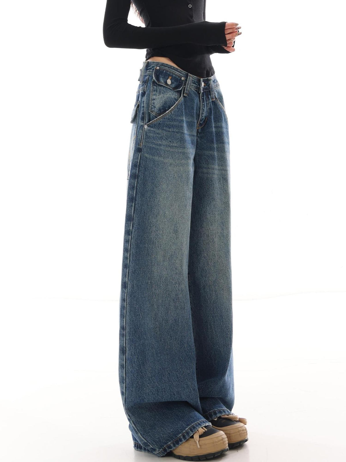 QIUQIU STUDIO Washed Distressed Dark Casual Pocket Women&
