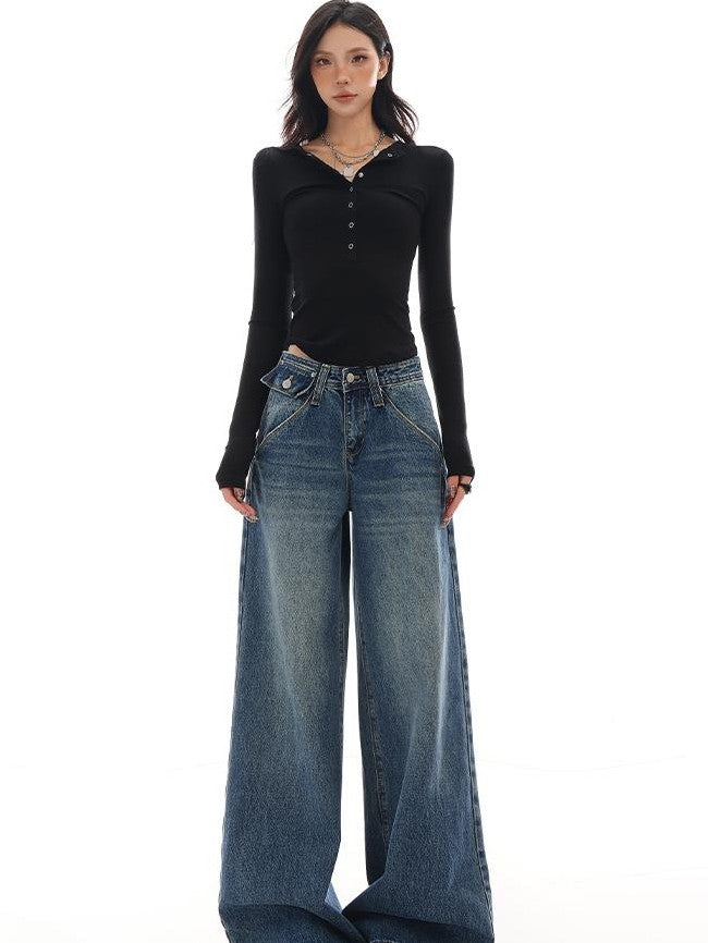 QIUQIU STUDIO Washed Distressed Dark Casual Pocket Women&