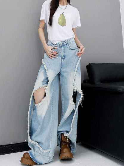 QIUQIU STUDIO Washed Distressed Frayed Ripped Loose Natural Waist Women&