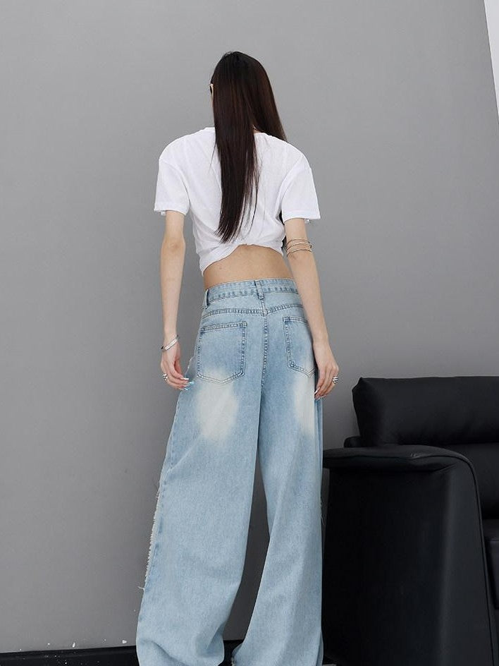 QIUQIU STUDIO Washed Distressed Frayed Ripped Loose Natural Waist Women&