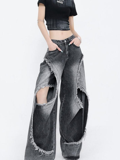 QIUQIU STUDIO Washed Distressed Frayed Ripped Loose Natural Waist Women&