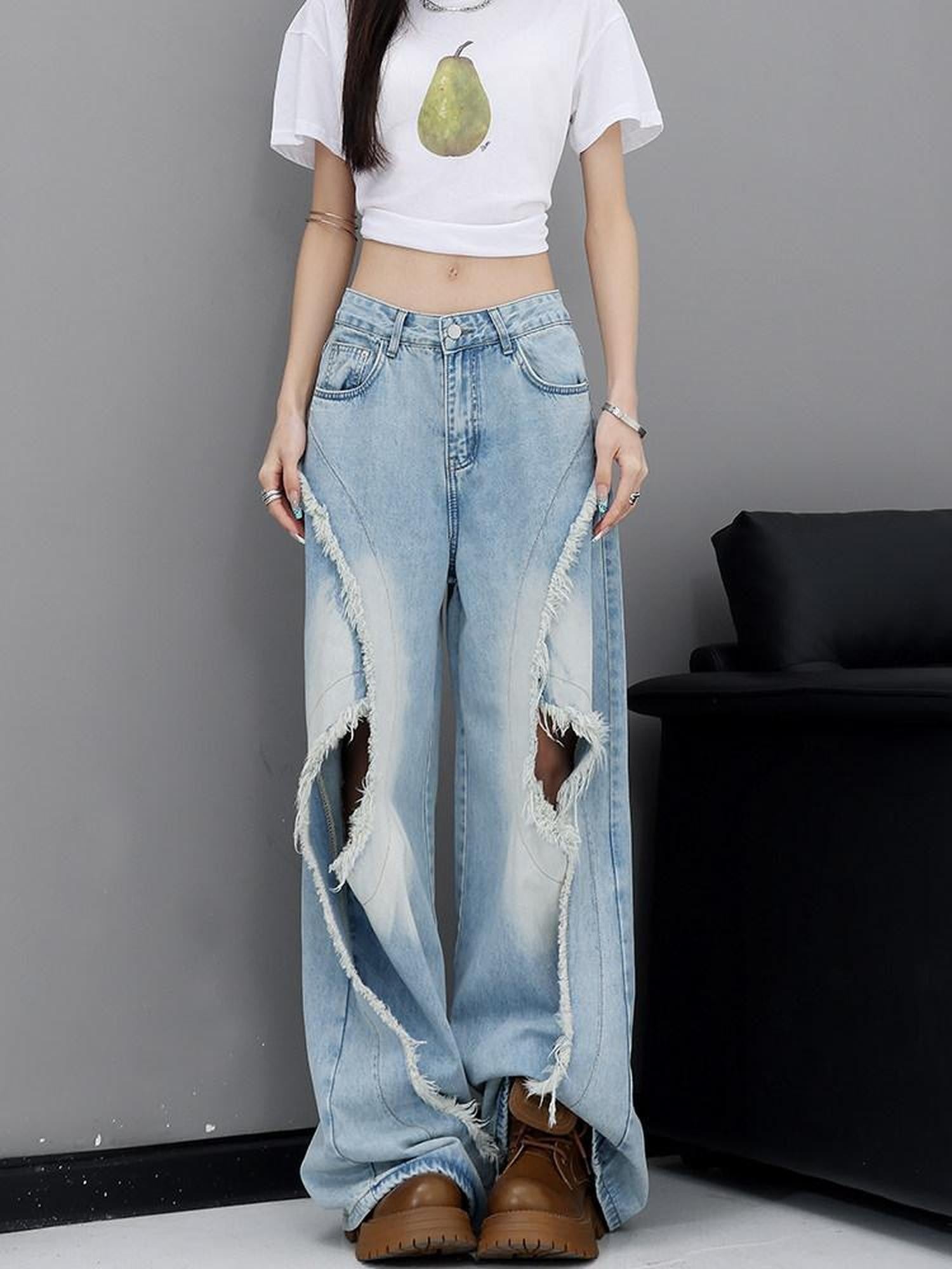 QIUQIU STUDIO Washed Distressed Frayed Ripped Loose Natural Waist Women&