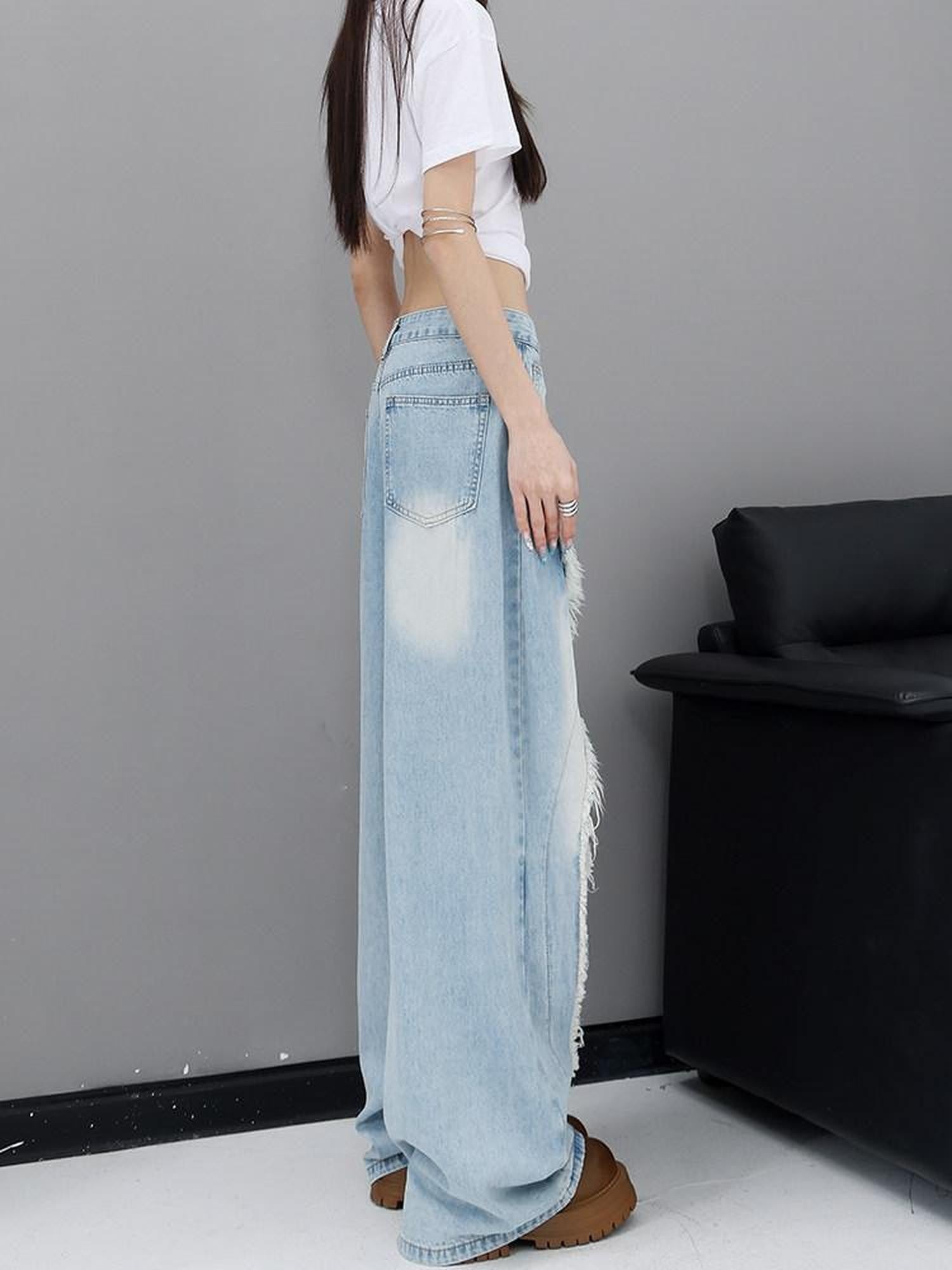 QIUQIU STUDIO Washed Distressed Frayed Ripped Loose Natural Waist Women&
