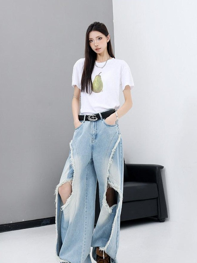 QIUQIU STUDIO Washed Distressed Frayed Ripped Loose Natural Waist Women&