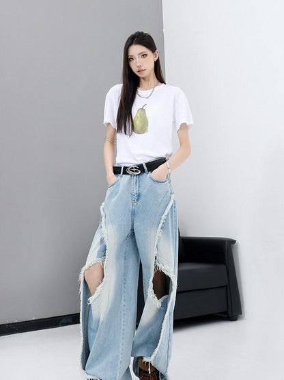 QIUQIU STUDIO Washed Distressed Frayed Ripped Loose Natural Waist Women&