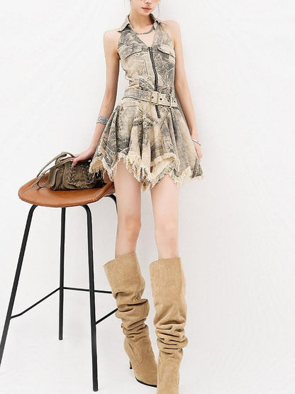 QIUQIU STUDIO Washed Distressed Irregular A Line Backless Women&