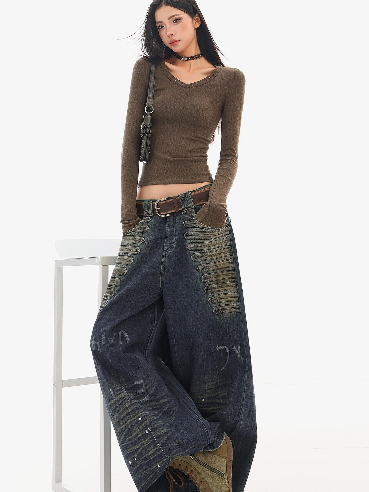QIUQIU STUDIO Washed Distressed Letter Women&