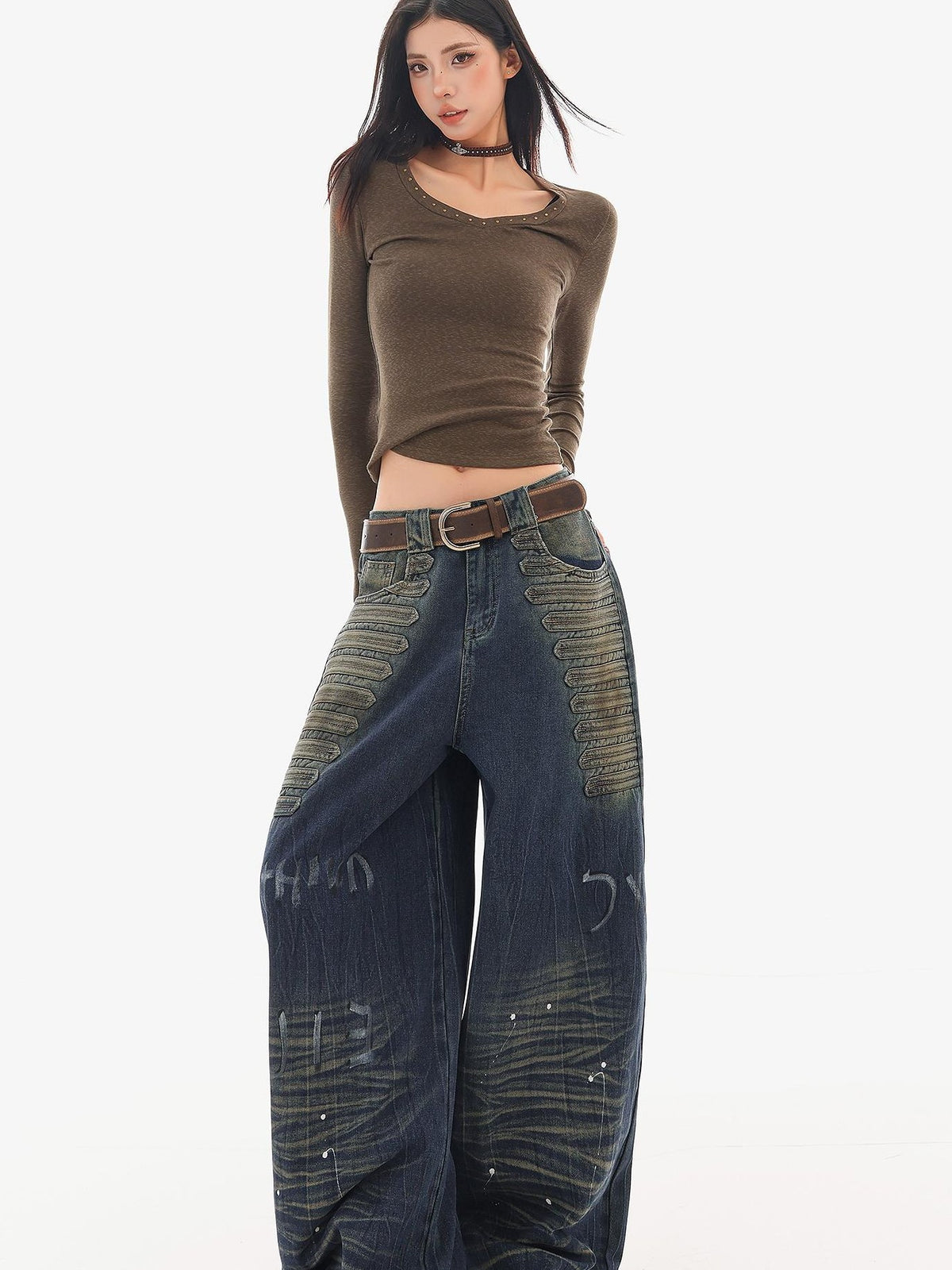 QIUQIU STUDIO Washed Distressed Letter Women&
