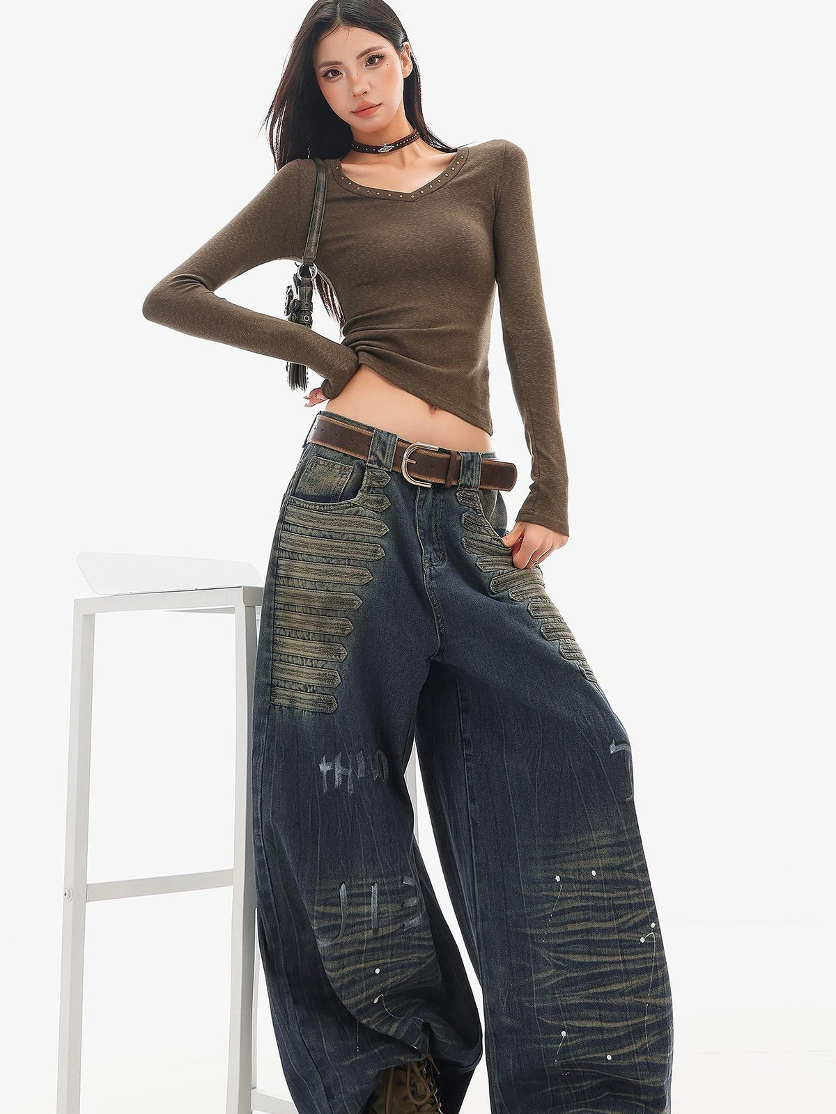 QIUQIU STUDIO Washed Distressed Letter Women&