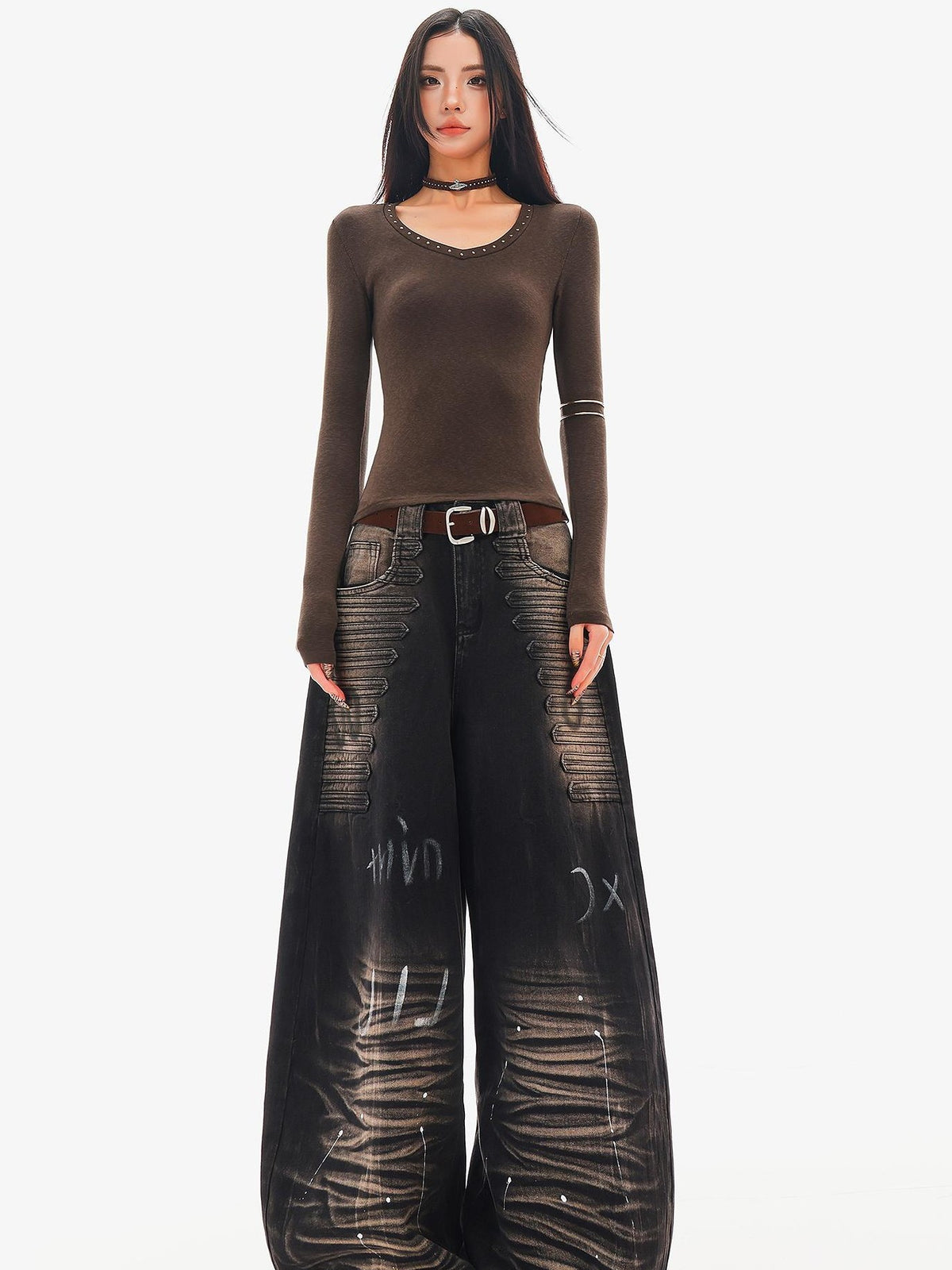 QIUQIU STUDIO Washed Distressed Letter Women&