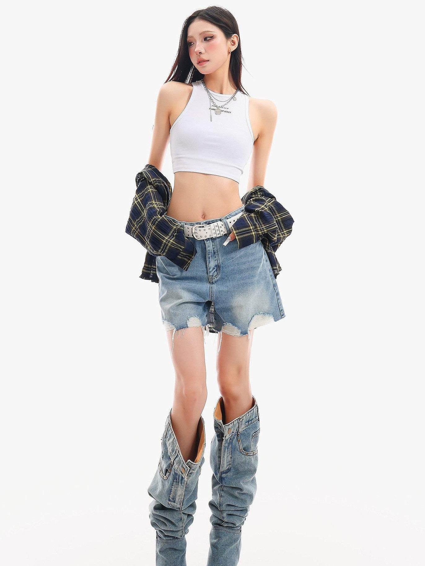 QIUQIU STUDIO Washed Distressed Raw Hem Tassel Wide Leg Loose Women&