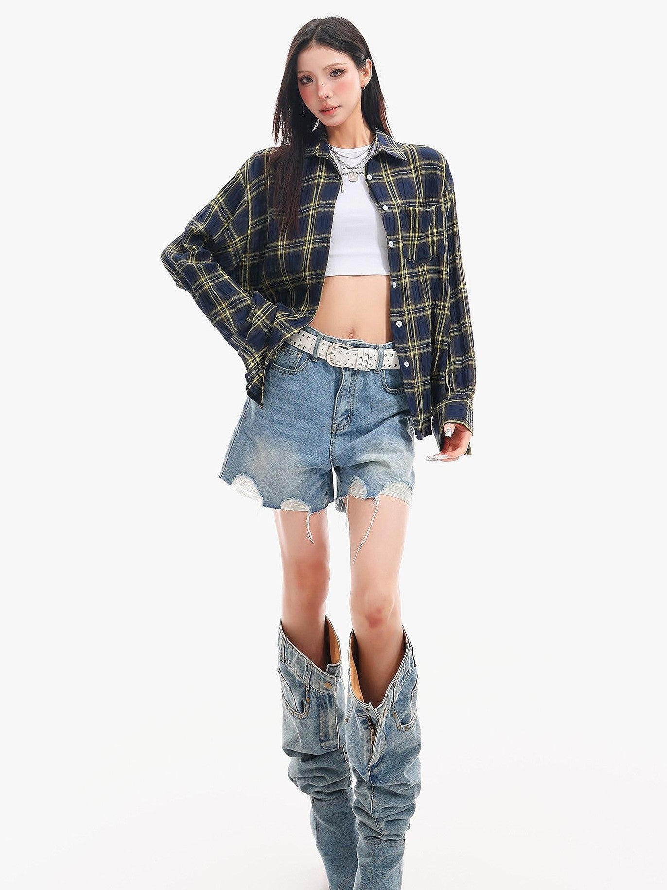 QIUQIU STUDIO Washed Distressed Raw Hem Tassel Wide Leg Loose Women&