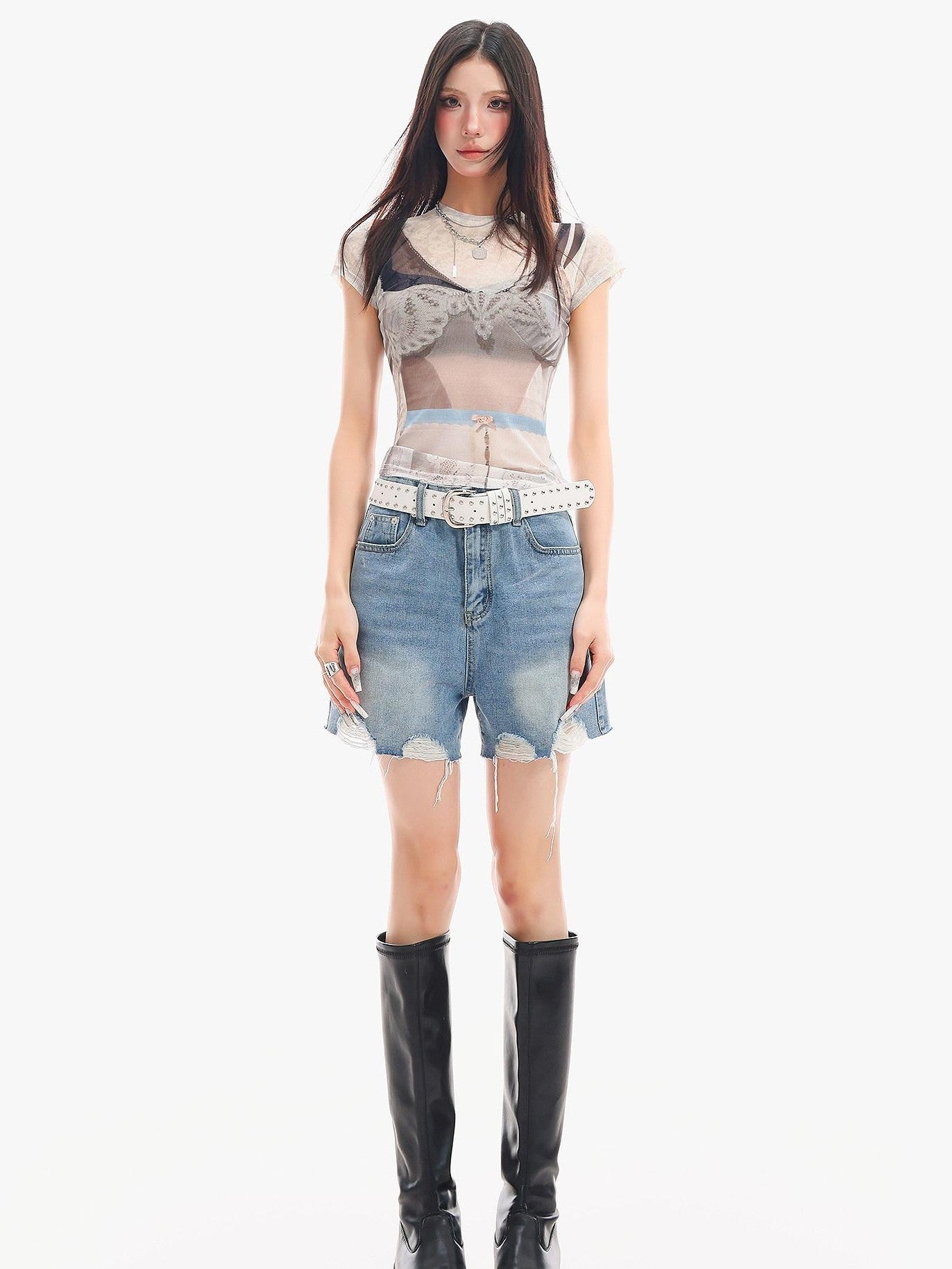 QIUQIU STUDIO Washed Distressed Raw Hem Tassel Wide Leg Loose Women&