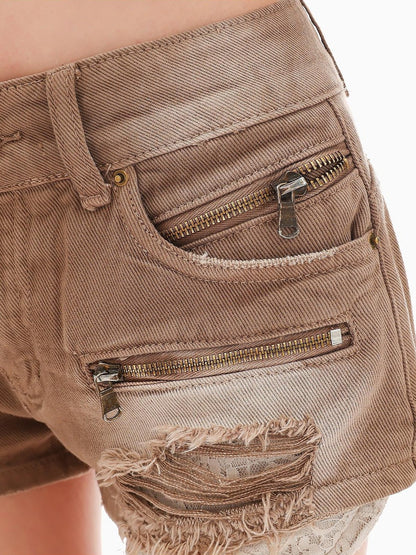 QIUQIU STUDIO Washed Distressed Ripped Fringe Slim Natural Waist Straight Women&