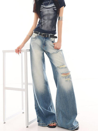 QIUQIU STUDIO Washed Distressed Tall Extra Long Slight Flare Women&