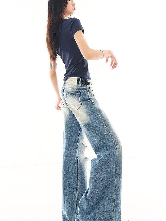 QIUQIU STUDIO Washed Distressed Tall Extra Long Slight Flare Women&