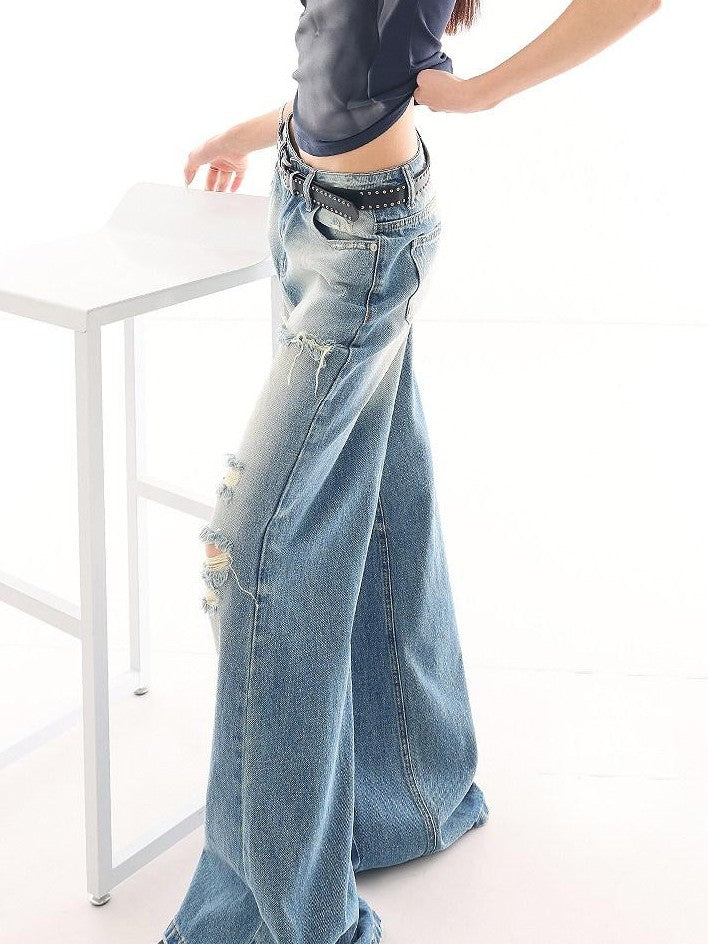 QIUQIU STUDIO Washed Distressed Tall Extra Long Slight Flare Women&