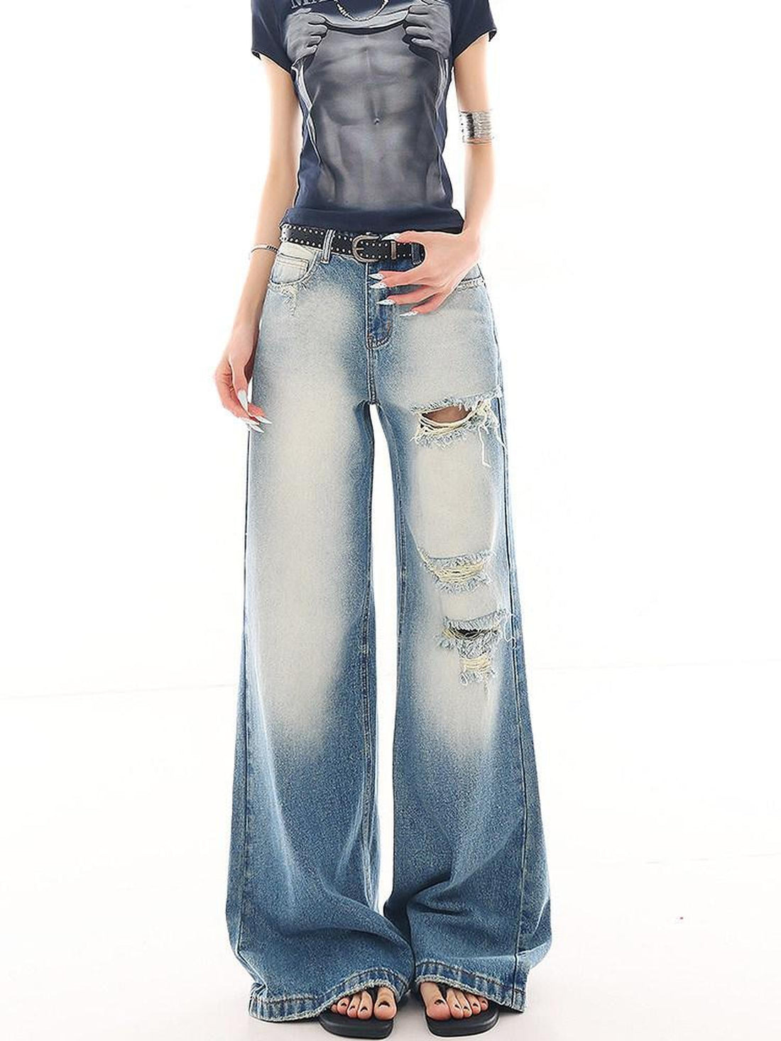 QIUQIU STUDIO Washed Distressed Tall Extra Long Slight Flare Women&