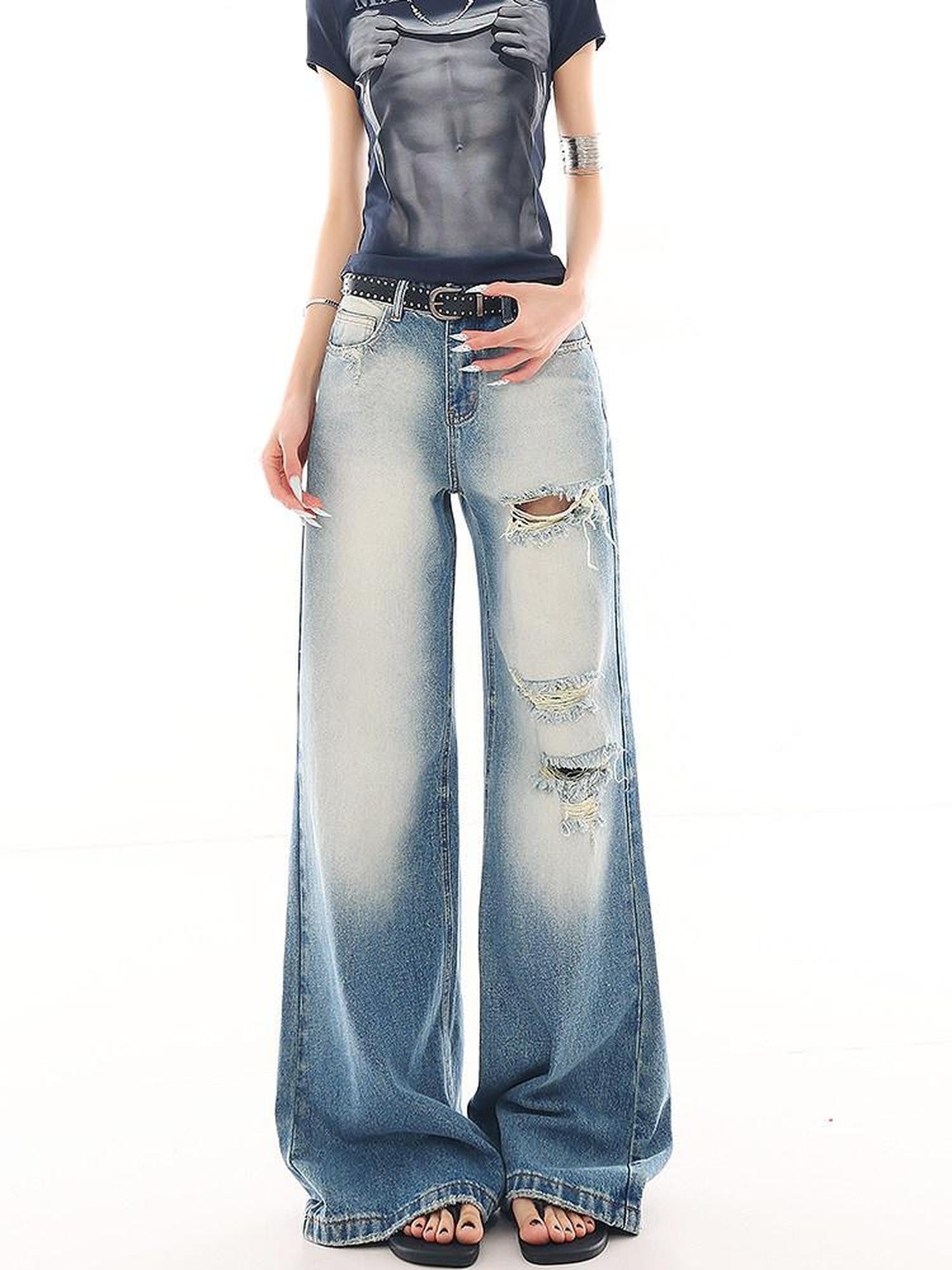 QIUQIU STUDIO Washed Distressed Tall Extra Long Slight Flare Women&