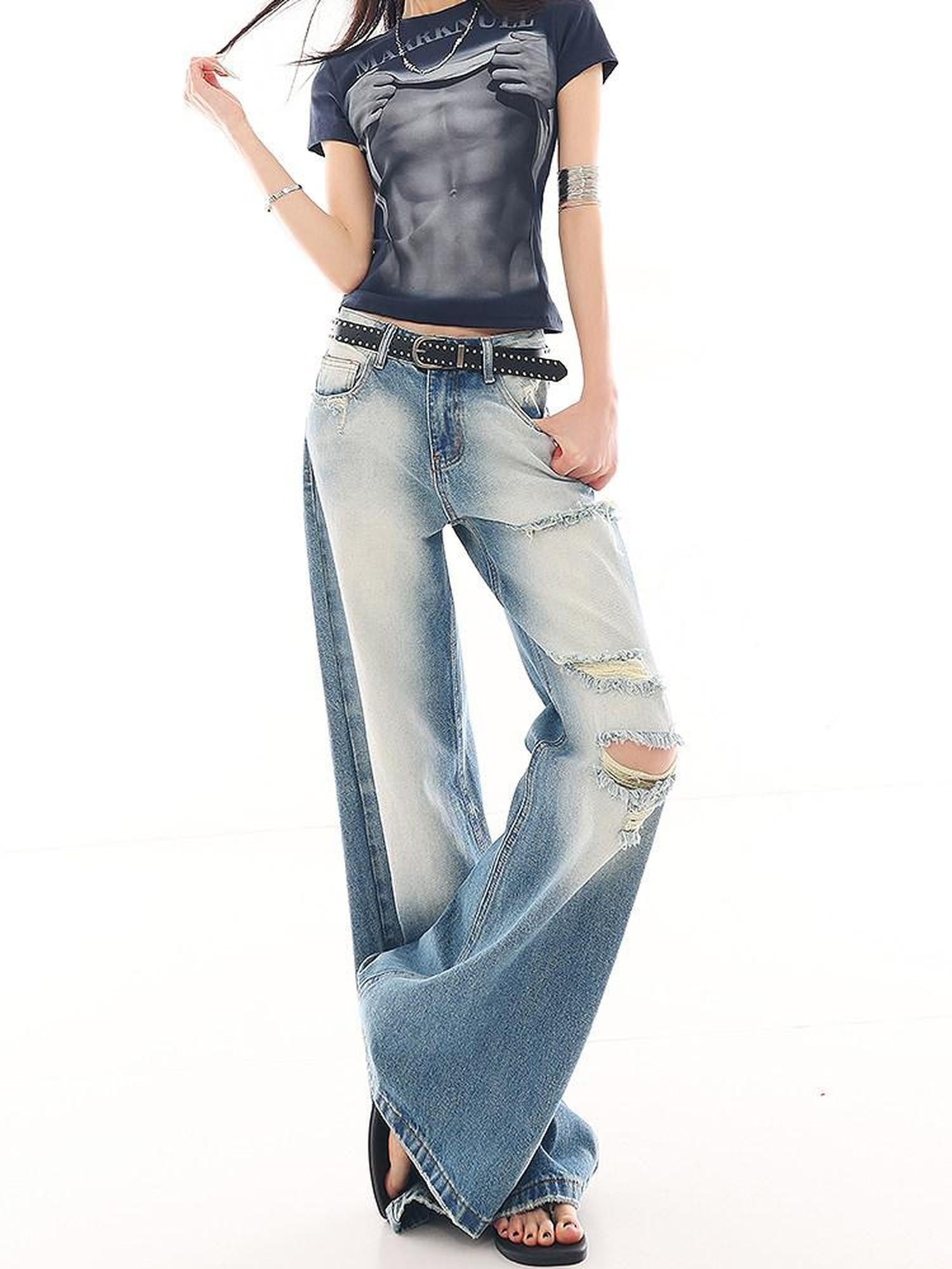 QIUQIU STUDIO Washed Distressed Tall Extra Long Slight Flare Women&