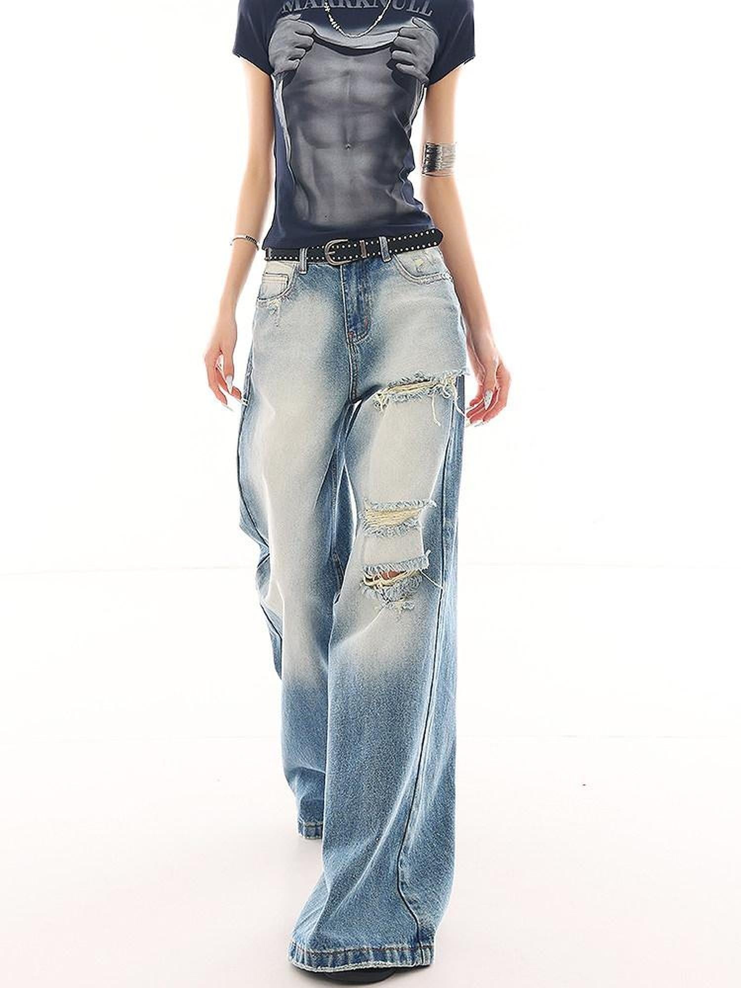 QIUQIU STUDIO Washed Distressed Tall Extra Long Slight Flare Women&