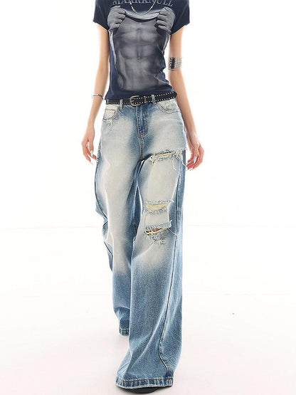QIUQIU STUDIO Washed Distressed Tall Extra Long Slight Flare Women&