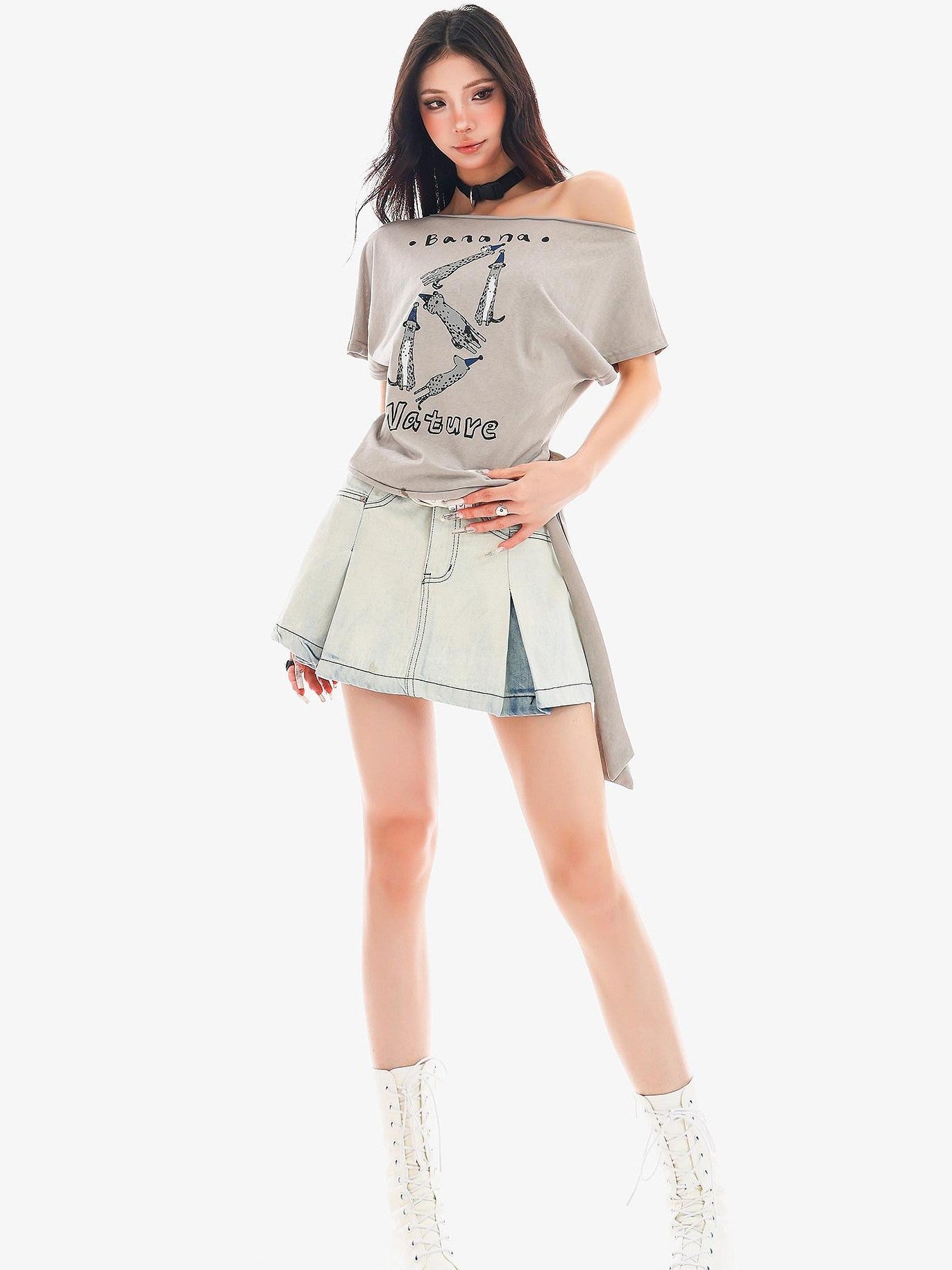 QIUQIU STUDIO Washed Distressed Topstitched A Line Women&