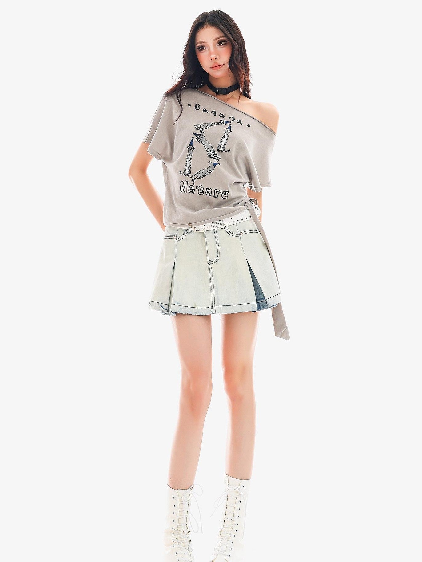 QIUQIU STUDIO Washed Distressed Topstitched A Line Women&