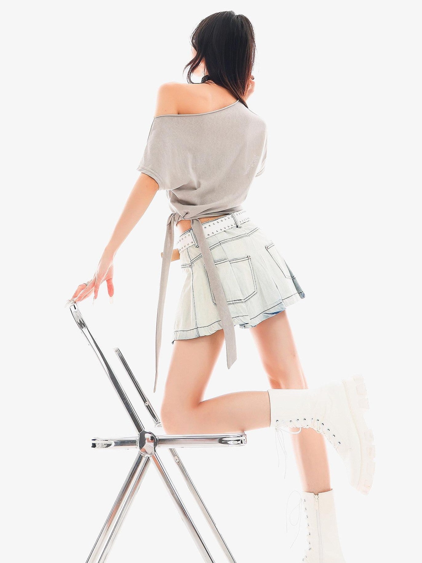 QIUQIU STUDIO Washed Distressed Topstitched A Line Women&