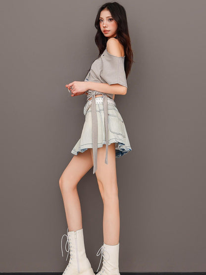 QIUQIU STUDIO Washed Distressed Topstitched A Line Women&