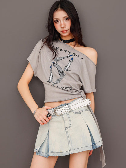 QIUQIU STUDIO Washed Distressed Topstitched A Line Women&