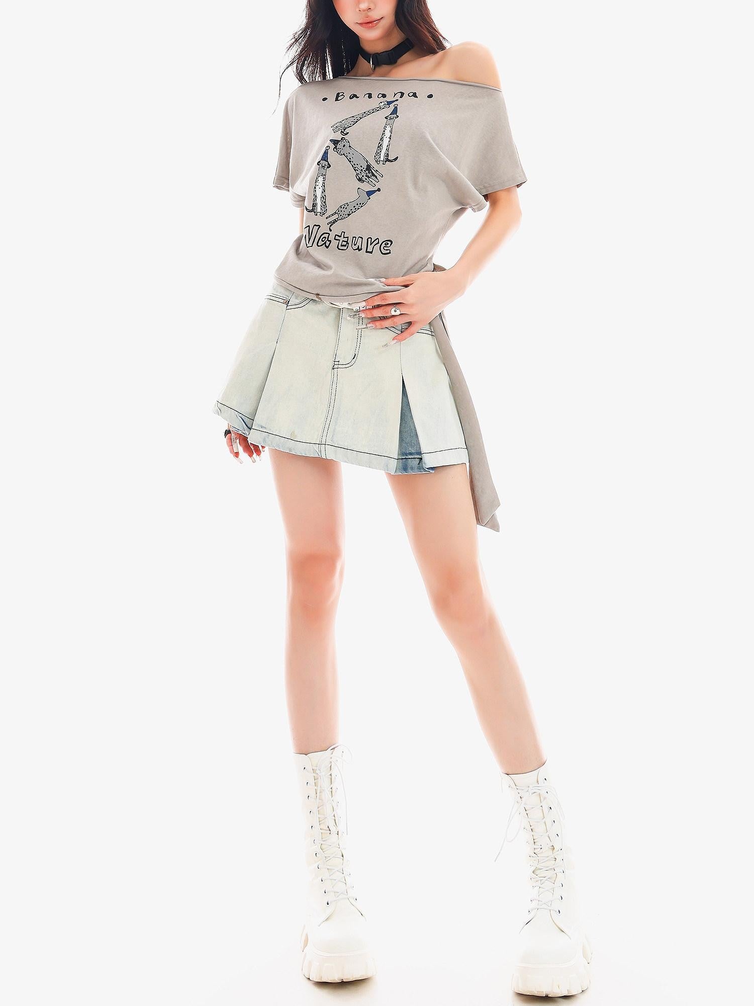 QIUQIU STUDIO Washed Distressed Topstitched A Line Women&