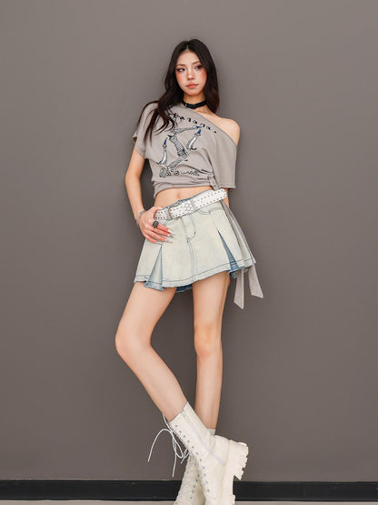 QIUQIU STUDIO Washed Distressed Topstitched A Line Women&