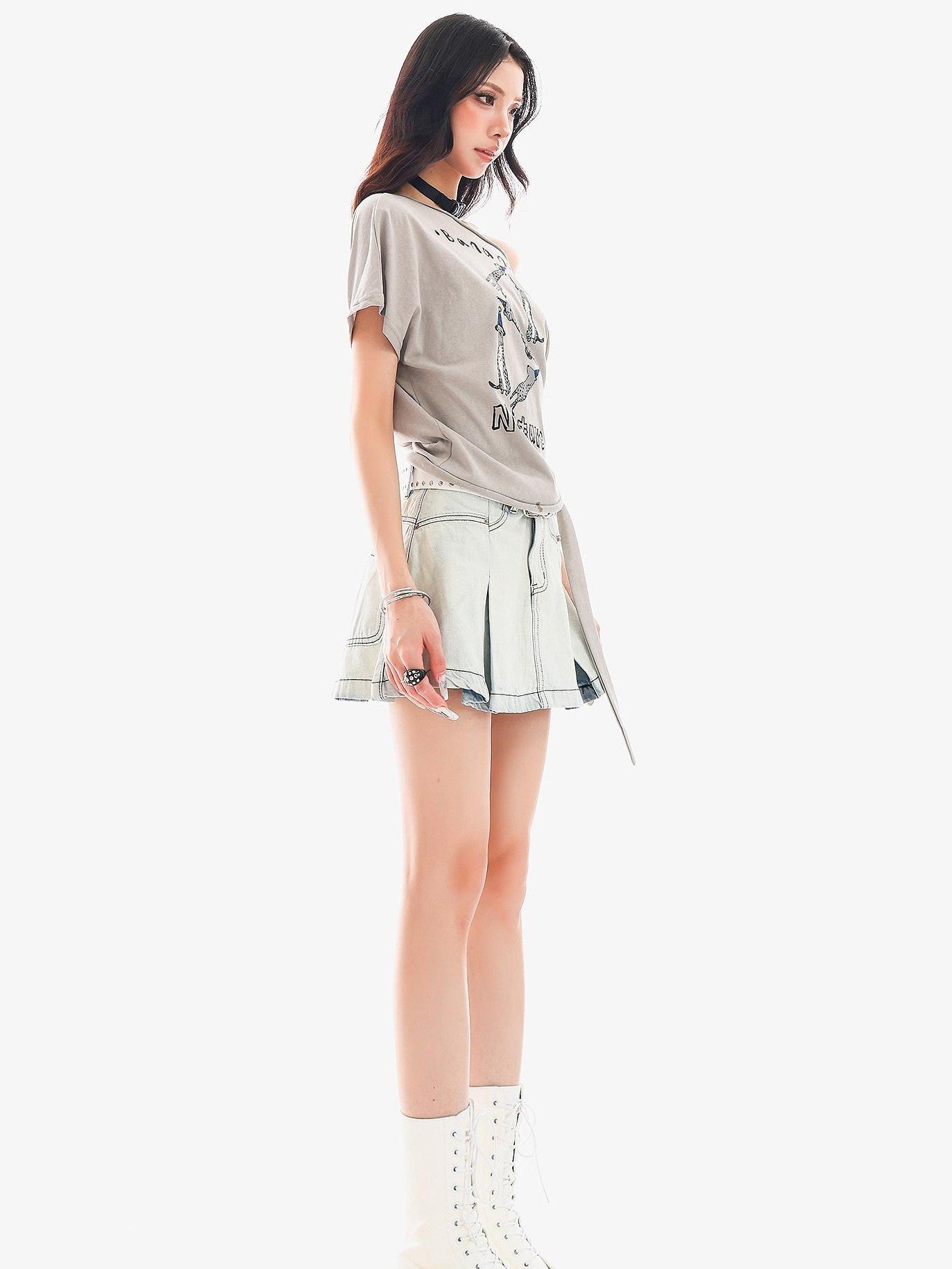 QIUQIU STUDIO Washed Distressed Topstitched A Line Women&