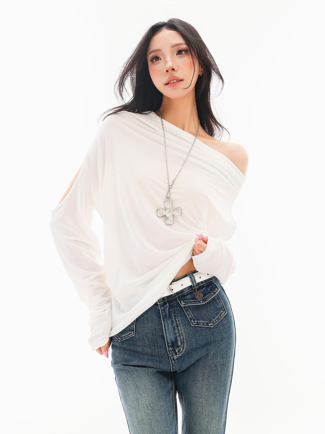 QIUQIU STUDIO White Cowl Neck One Shoulder Loose Fit Women&