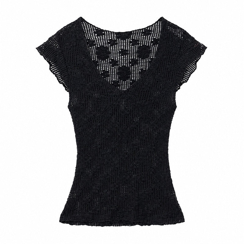 QIUQIU_STUDIO_White_Crochet_Hollow_Floral_V-neck_Slim_Fit_Women&