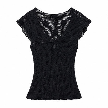QIUQIU_STUDIO_White_Crochet_Hollow_Floral_V-neck_Slim_Fit_Women&