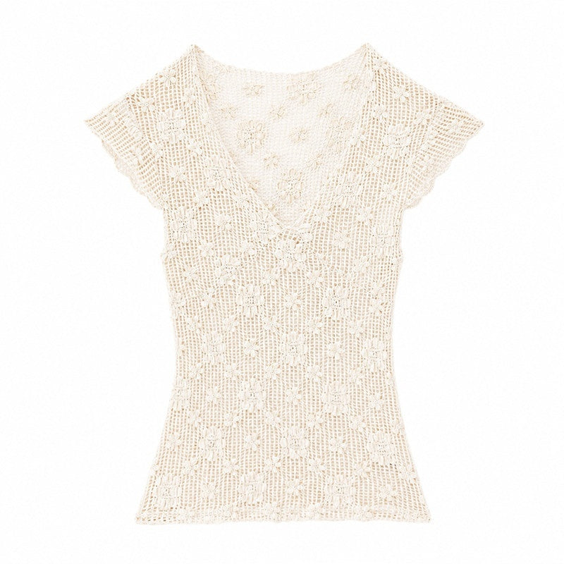 QIUQIU_STUDIO_White_Crochet_Hollow_Floral_V-neck_Slim_Fit_Women&