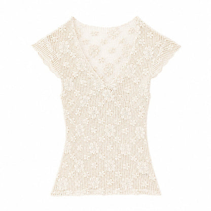 QIUQIU_STUDIO_White_Crochet_Hollow_Floral_V-neck_Slim_Fit_Women&