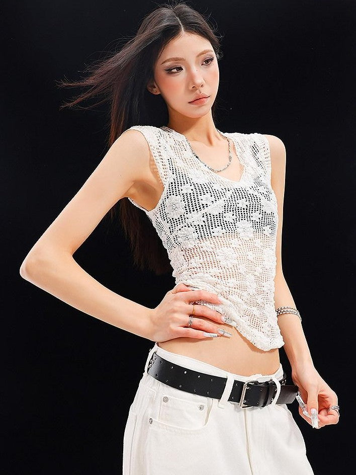 QIUQIU STUDIO White Crochet Hollow Floral V-neck Slim Fit Women&
