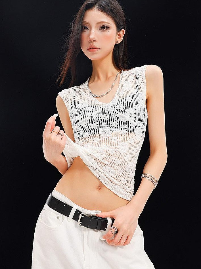 QIUQIU STUDIO White Crochet Hollow Floral V-neck Slim Fit Women&