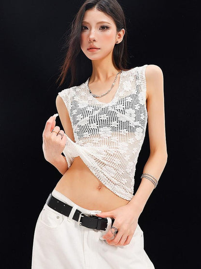 QIUQIU STUDIO White Crochet Hollow Floral V-neck Slim Fit Women&