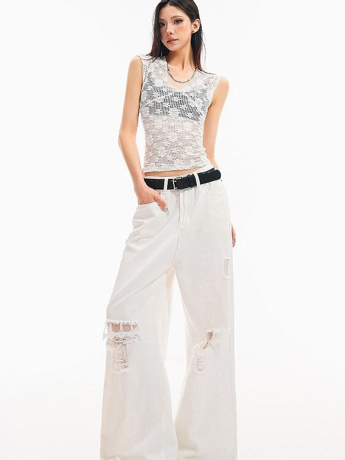 QIUQIU STUDIO White Crochet Hollow Floral V-neck Slim Fit Women&